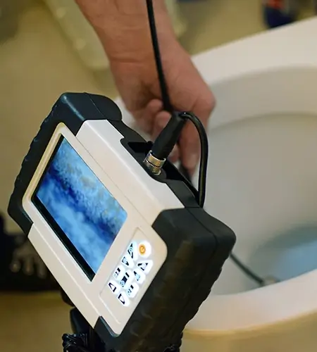 Plumber checking clogged toilet pipe with inspection camera