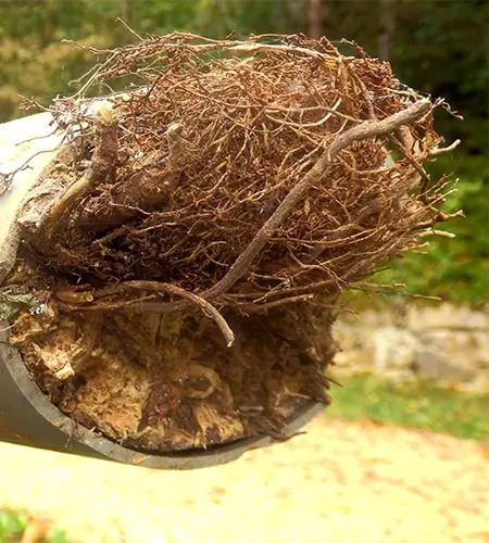 Plumbing pipe filled with roots and debris