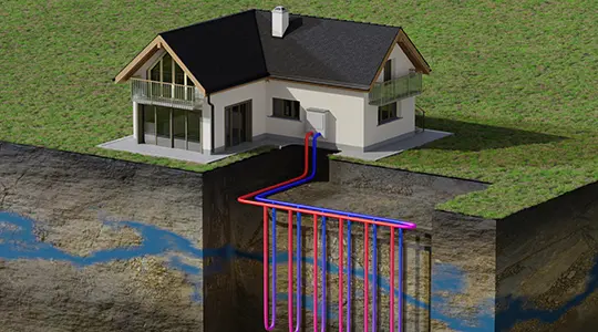 Vertical ground source heat pump system for heating home with geothermal energy. 3D rendered illustration.