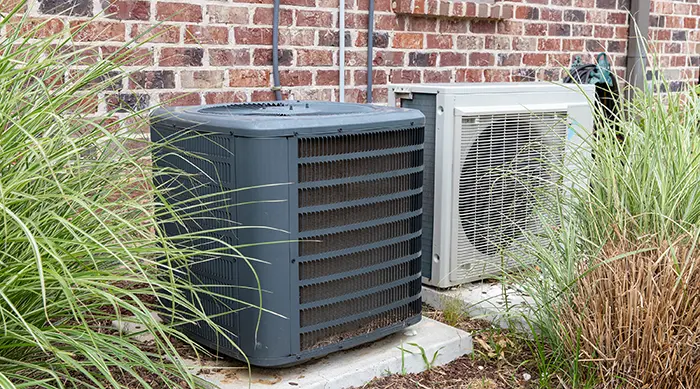 AC Unit and heat pump on outside of brick home next to grassy plants